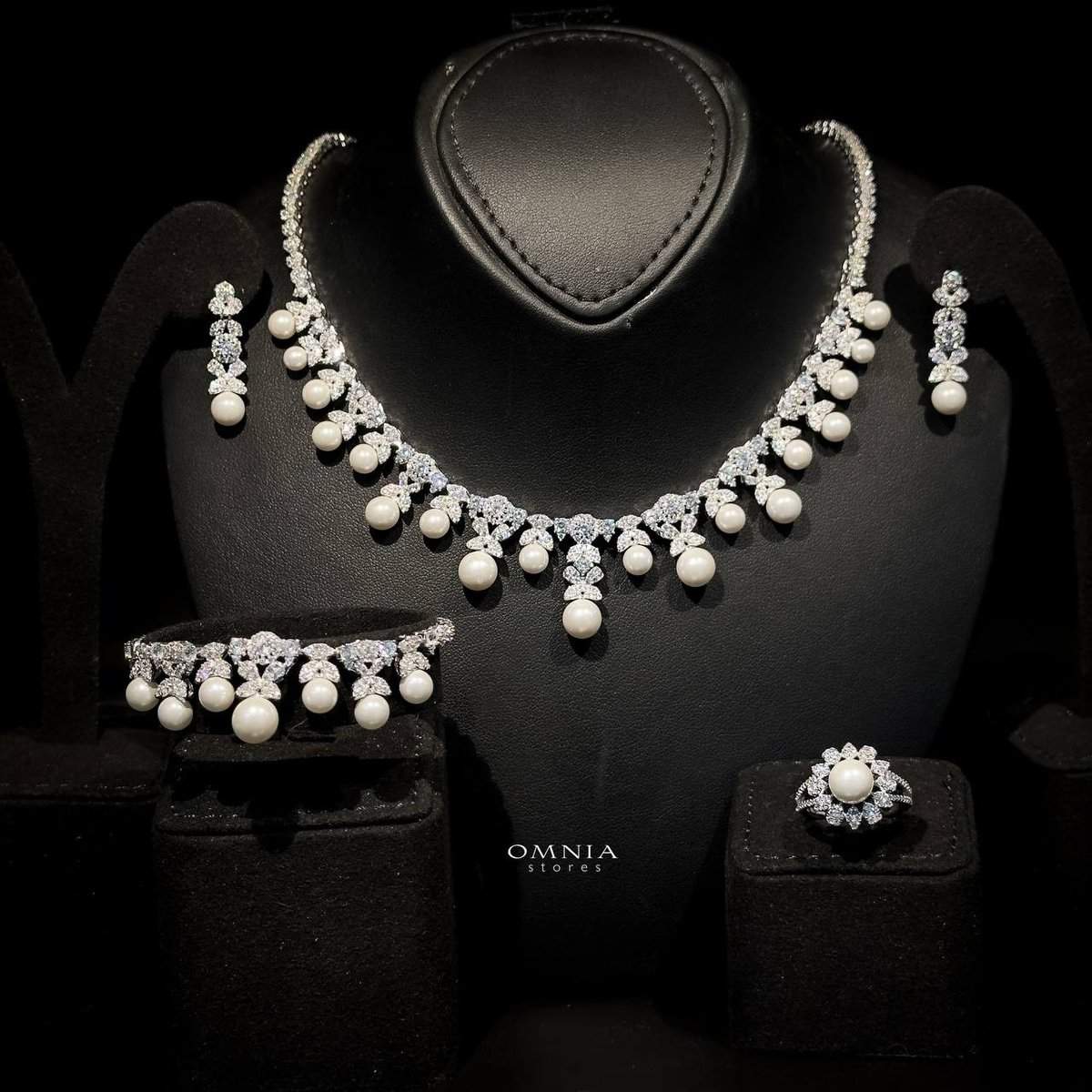 Omnia Rahma Bridal Full Set in 92.5 Silver with High Quality Simulated Diamonds and Elegant Pearl Accents - OMNIASTORES UAE