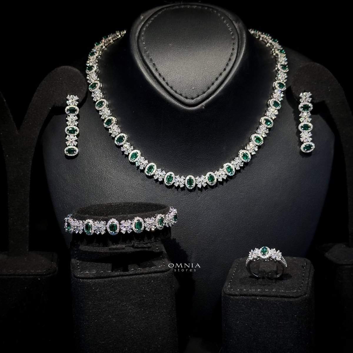 Omnia Mira Green Bridal Full Set in High Quality Zircon Stone Rhodium Plated - OMNIASTORES KSA