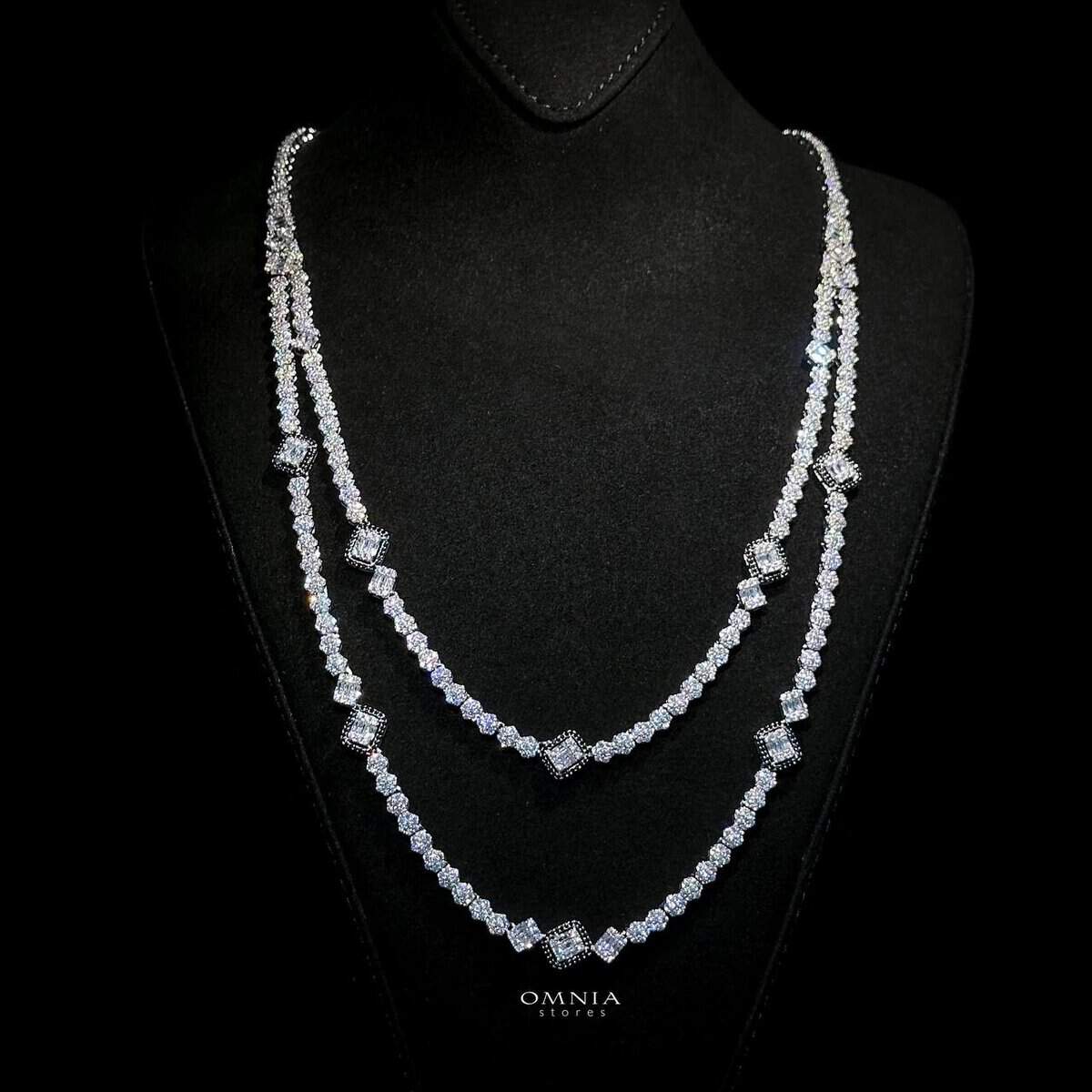 Omnia Thekra Bridal Black & White Long chain Set Accessories High Quality Zircon Stone In Rhodium Plated - OMNIASTORES UAE