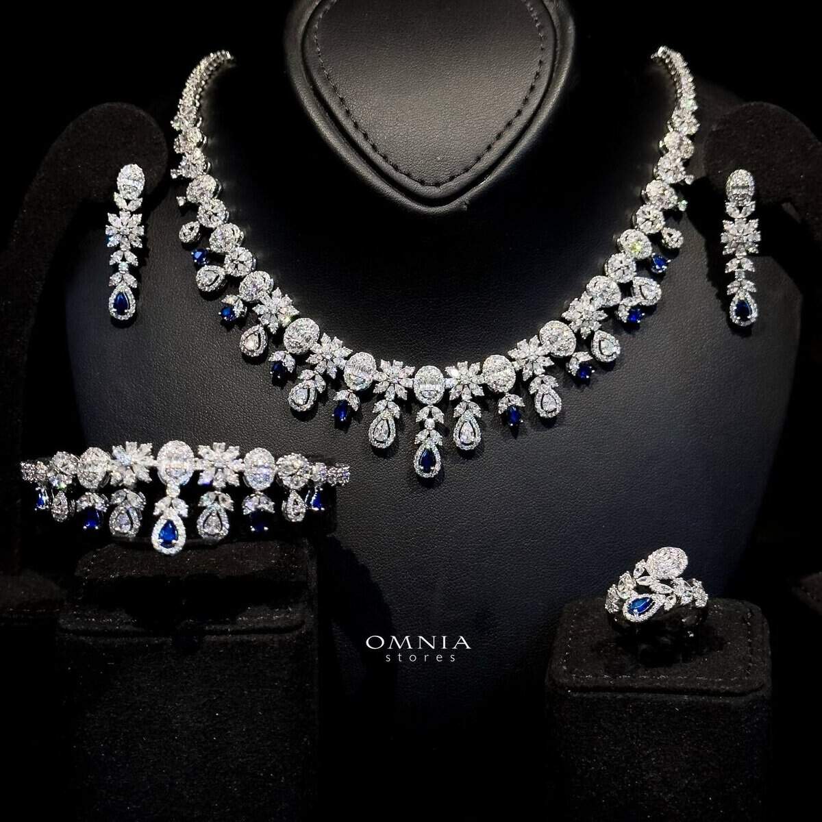 Omnia Trisha Blue Bridal Full Set Accessories in High Quality Zircon Stone Rhodium Plated - OMNIASTORES UAE