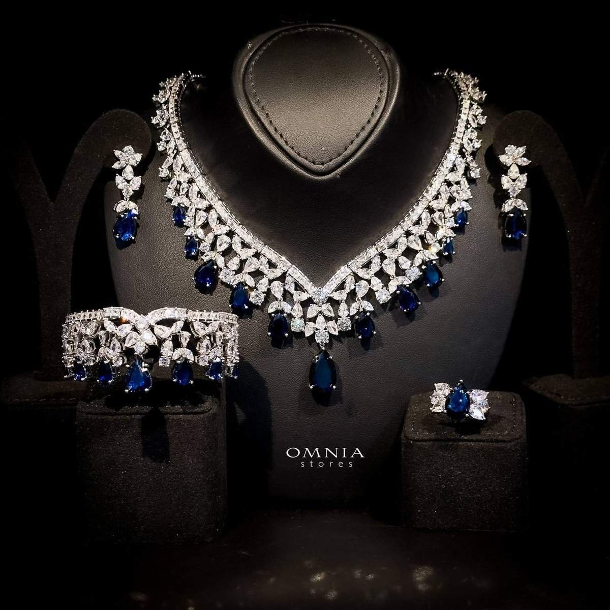 Omnia Princess Dark Blue Bridal Full Set in High Quality Simulated Diamonds - OMNIASTORES UAE
