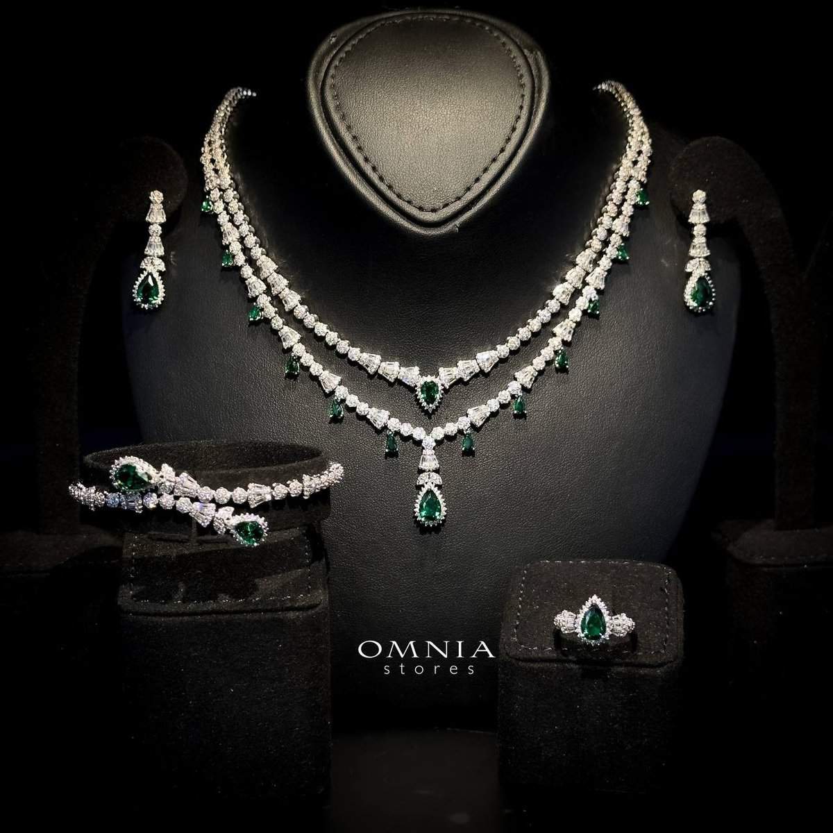 Omnia Ghada Green Bridal Full Set Accessories in High Quality Zircon Stone Premium Rhodium Plated - OMNIASTORES UAE