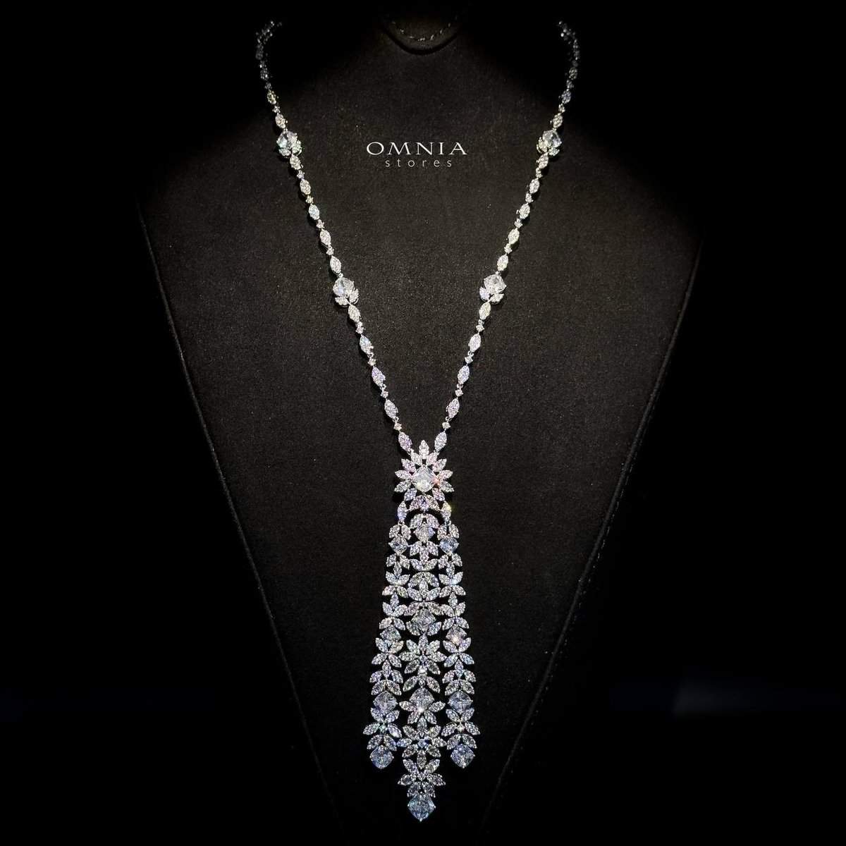 Omnia Veronica Bridal Long chain Set Accessories High Quality Zircon Stone In Rhodium Plated - OMNIASTORES UAE