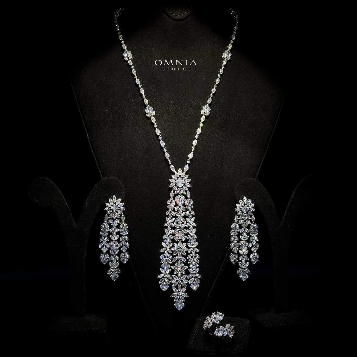 Omnia Veronica Bridal Long chain Set Accessories High Quality Zircon Stone In Rhodium Plated - OMNIASTORES UAE