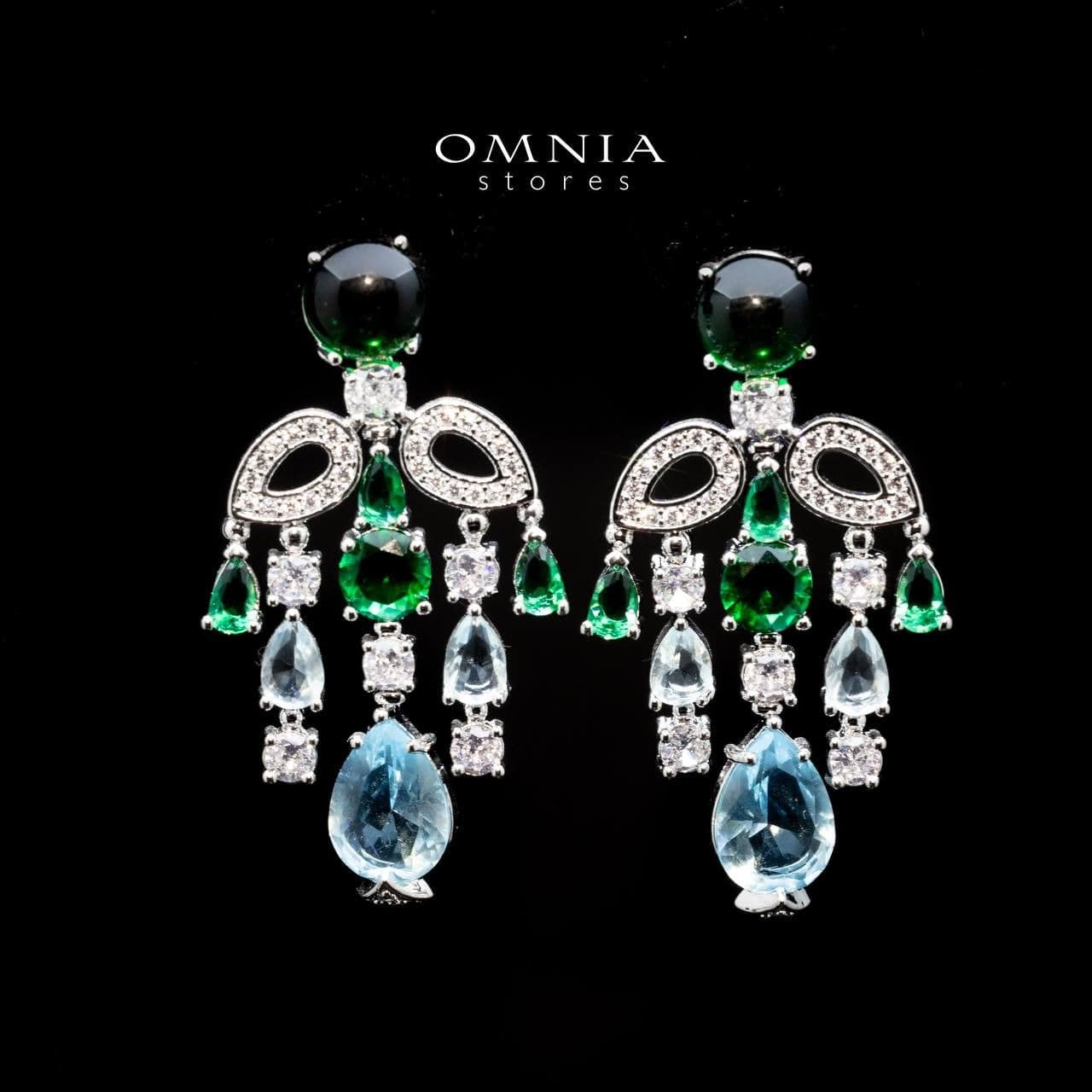 Omnia Mohra Chandelier Earrings with Blue Zircon Drops in High Quality Zircon Rhodium Plated - OMNIASTORES UAE