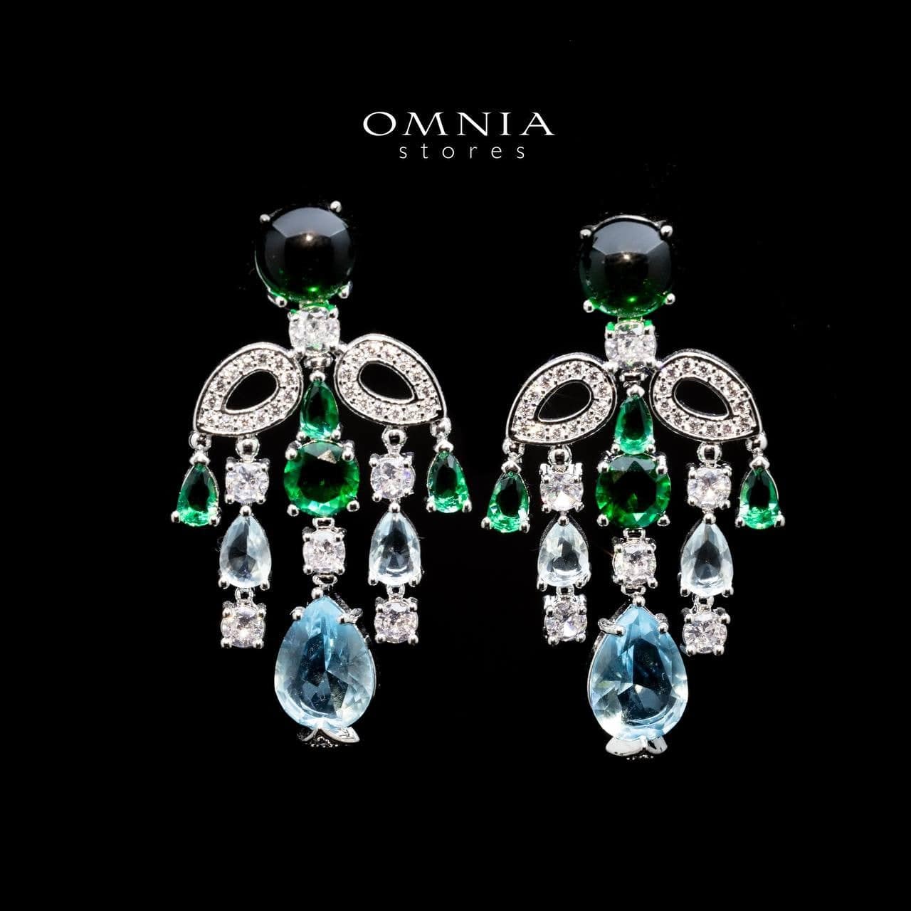 Omnia Mohra Chandelier Earrings with Blue Zircon Drops in High Quality Zircon Rhodium Plated - OMNIASTORES UAE
