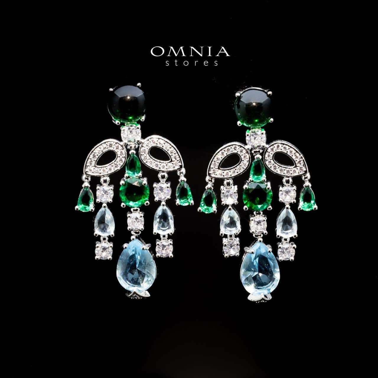 Omnia Mohra Chandelier Earrings with Blue Zircon Drops in High Quality Zircon Rhodium Plated - OMNIASTORES UAE