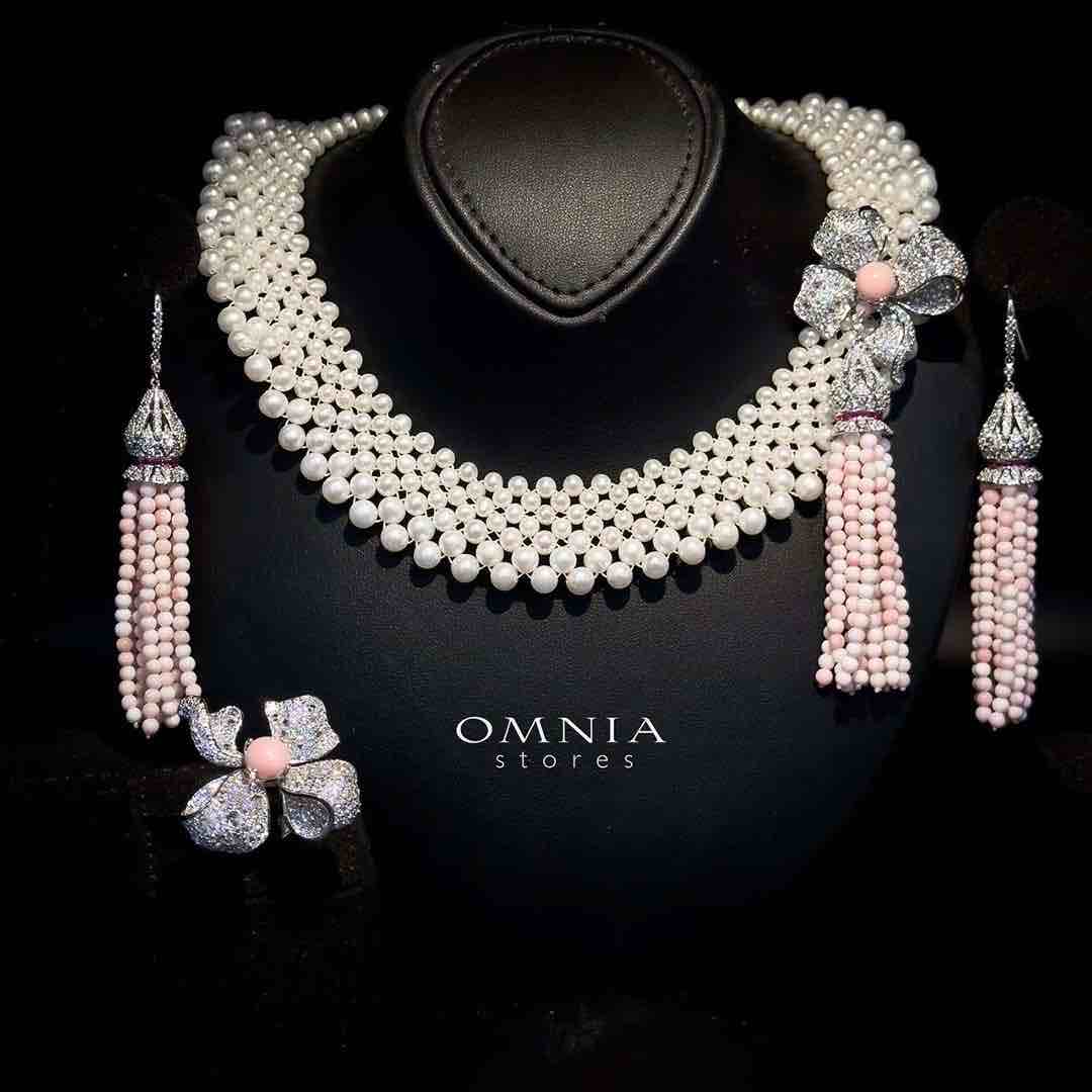 Omnia Ghadir Full Set with Fresh water Pearls and Pink Tassel Accents in 925 Silver High Quality Simulated Diamonds