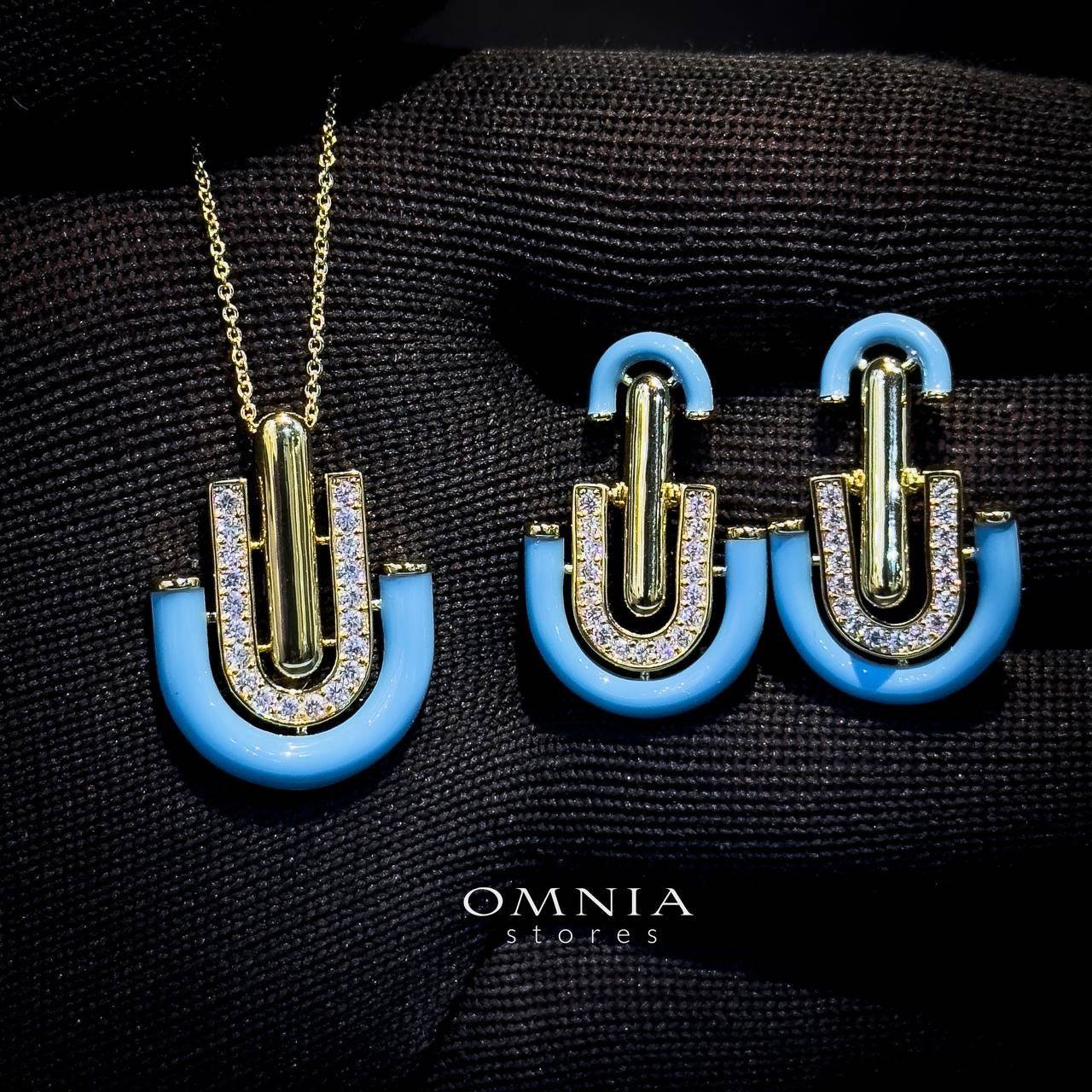 Omnia Andy Blue Set Accessories in High Quality Zircon Stone Rhodium Plated - OMNIASTORES UAE