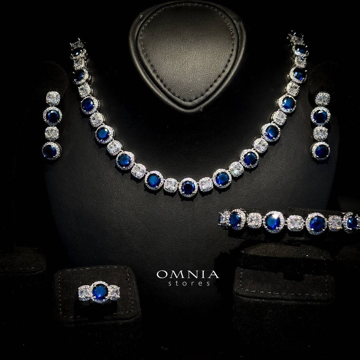 Omnia Lilian Blue Bridal Full Set in High Quality Simulated Diamonds Premium Rhodium Plated - OMNIASTORES UAE