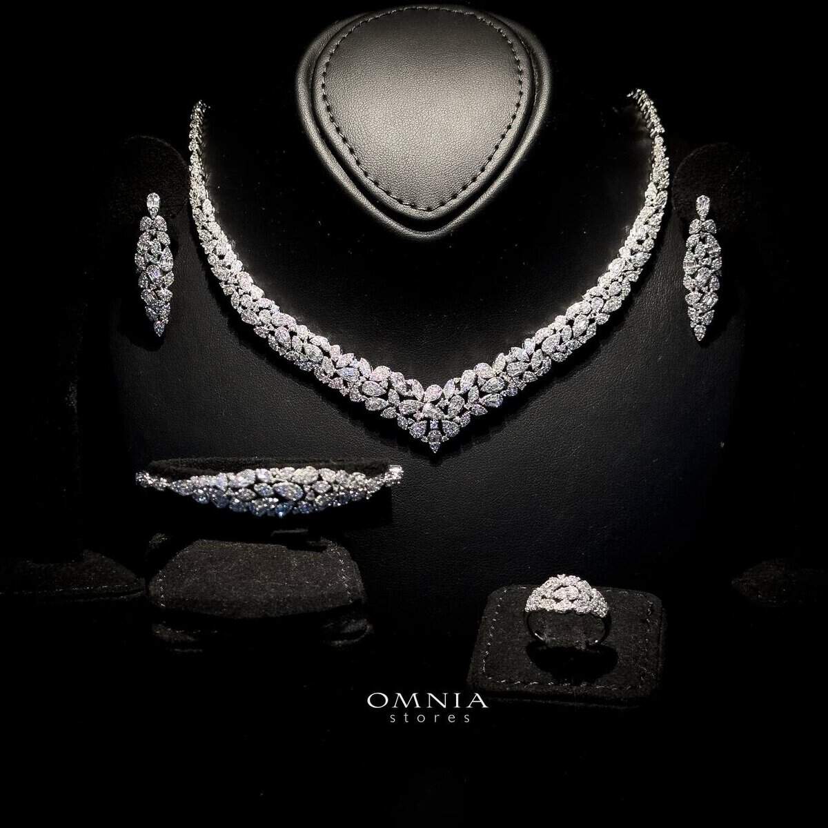 Omnia Alina White Bridal Full Set in High Quality Zircon Stone Rhodium Plated - OMNIASTORES UAE