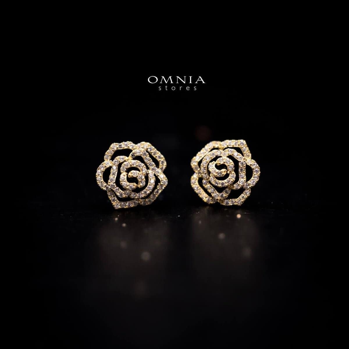 Omnia Rose Floral Gold Stud Earrings with Iced Cut Stones in High Quality 92.5 Silver - OMNIASTORES UAE
