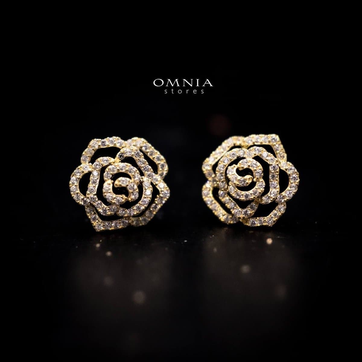 Omnia Rose Floral Gold Stud Earrings with Iced Cut Stones in High Quality 92.5 Silver - OMNIASTORES UAE
