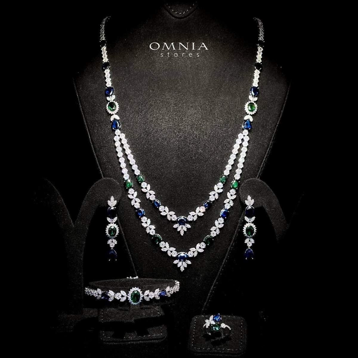 Omnia Jade Blue and Green Bridal Long Chain Set Accessories in High Quality Zircon Stone Rhodium Plated - OMNIASTORES UAE