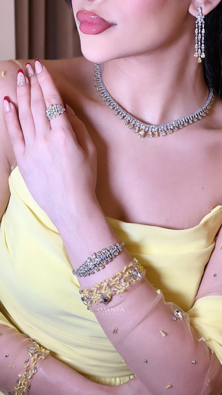 Omnia Nisrine Yellow Bridal Full Set in High Quality Zircon Stone Rhodium Plated - OMNIASTORES UAE