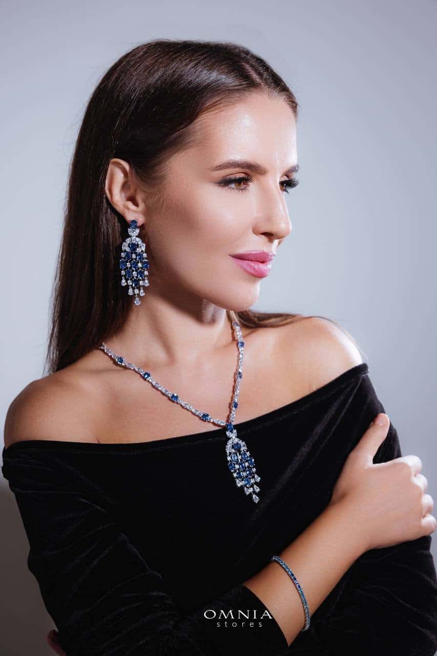 Omnia Israa Blue Chandelier Earrings In 92.5 Silver High Quality Simulated diamonds - OMNIASTORES UAE