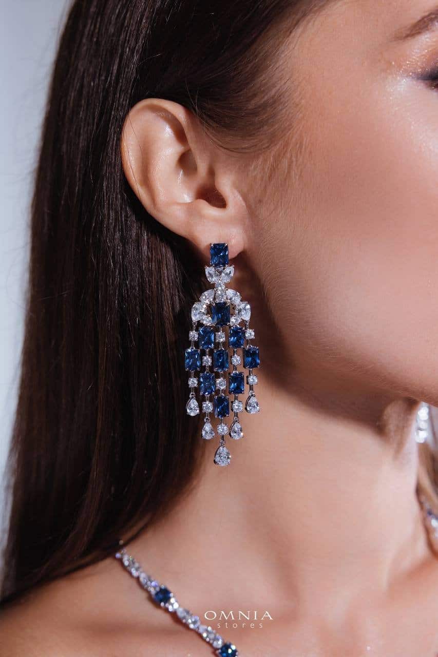 Omnia Israa Blue Chandelier Earrings In 92.5 Silver High Quality Simulated diamonds - OMNIASTORES UAE