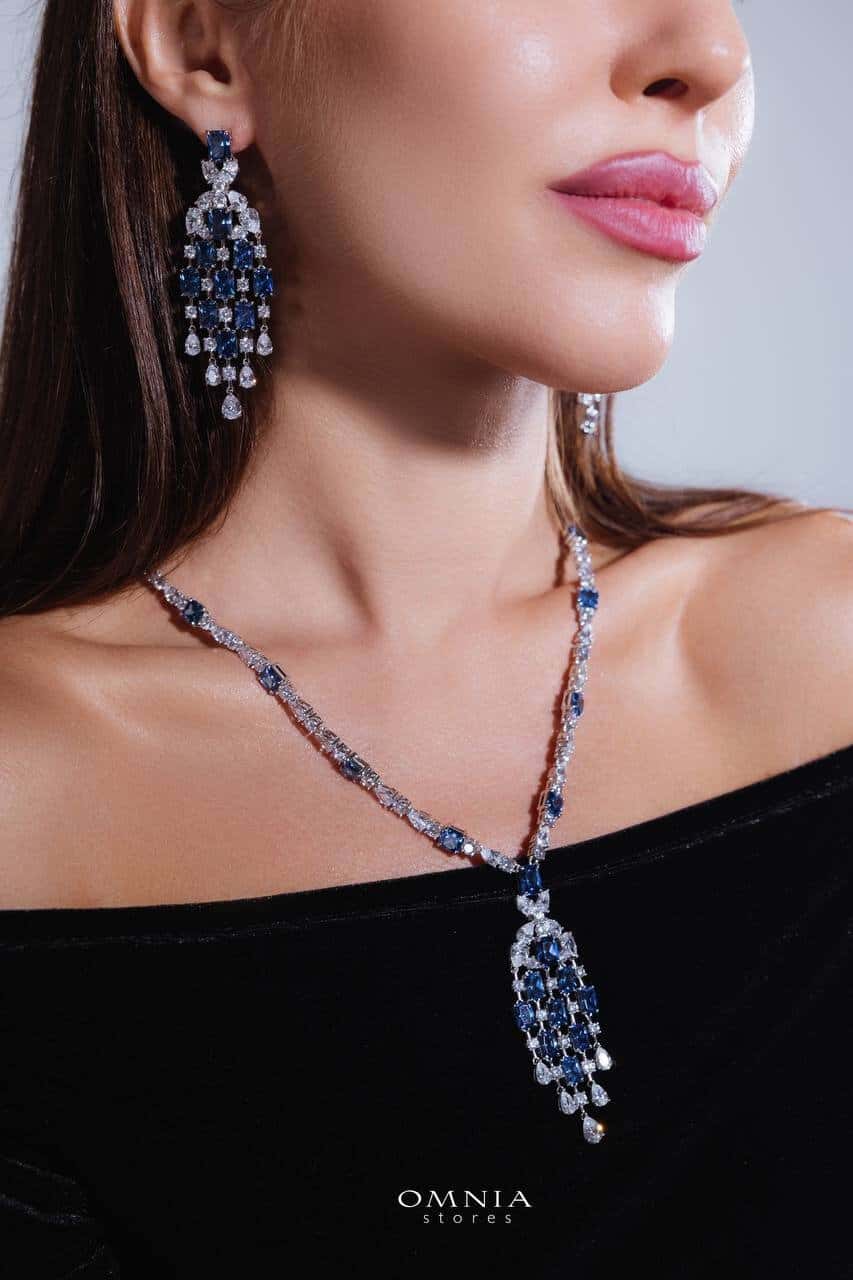 Omnia Israa Blue Chandelier Earrings In 92.5 Silver High Quality Simulated diamonds - OMNIASTORES UAE