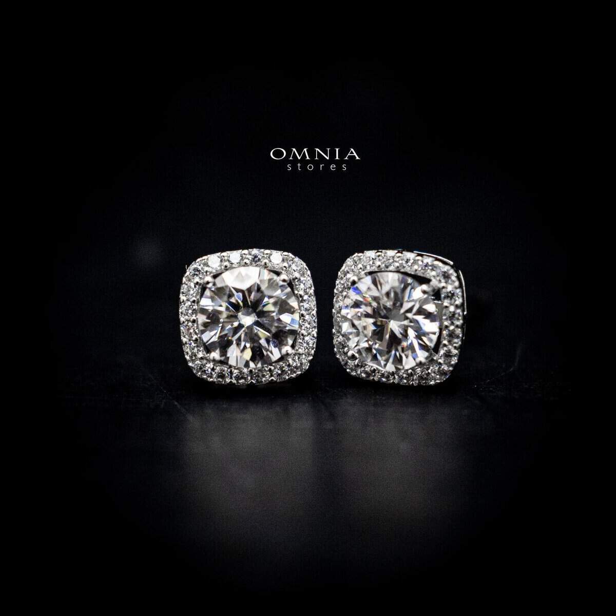Omnia Dana Square Stud Earrings in 92.5 Silver with High Quality Iced Cut Stones - OMNIASTORES UAE
