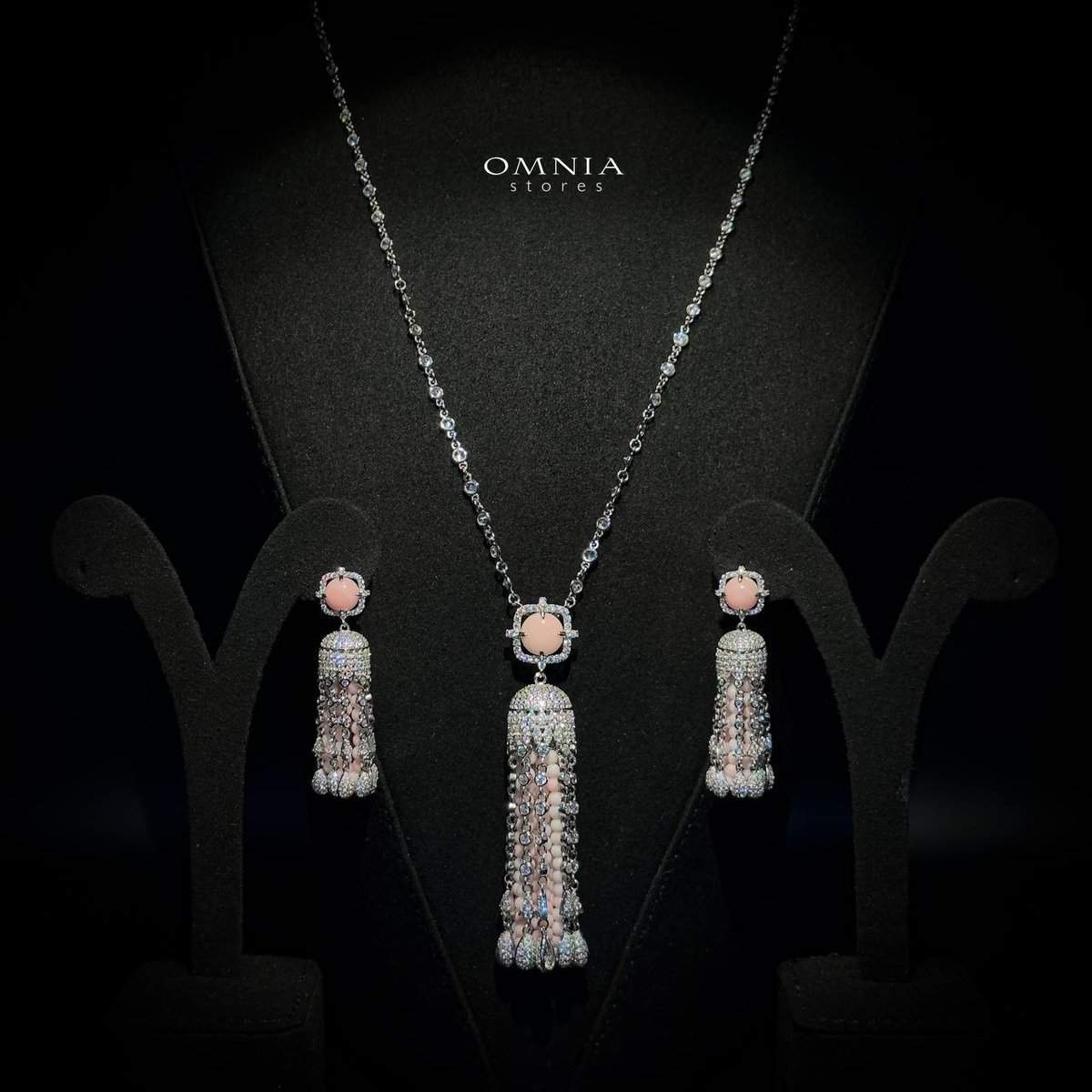 Omnia Yasmin Pink Long Chain Tassel Necklace & Earrings in 92.5 Silver with High Quality Simulated Diamonds - OMNIASTORES UAE