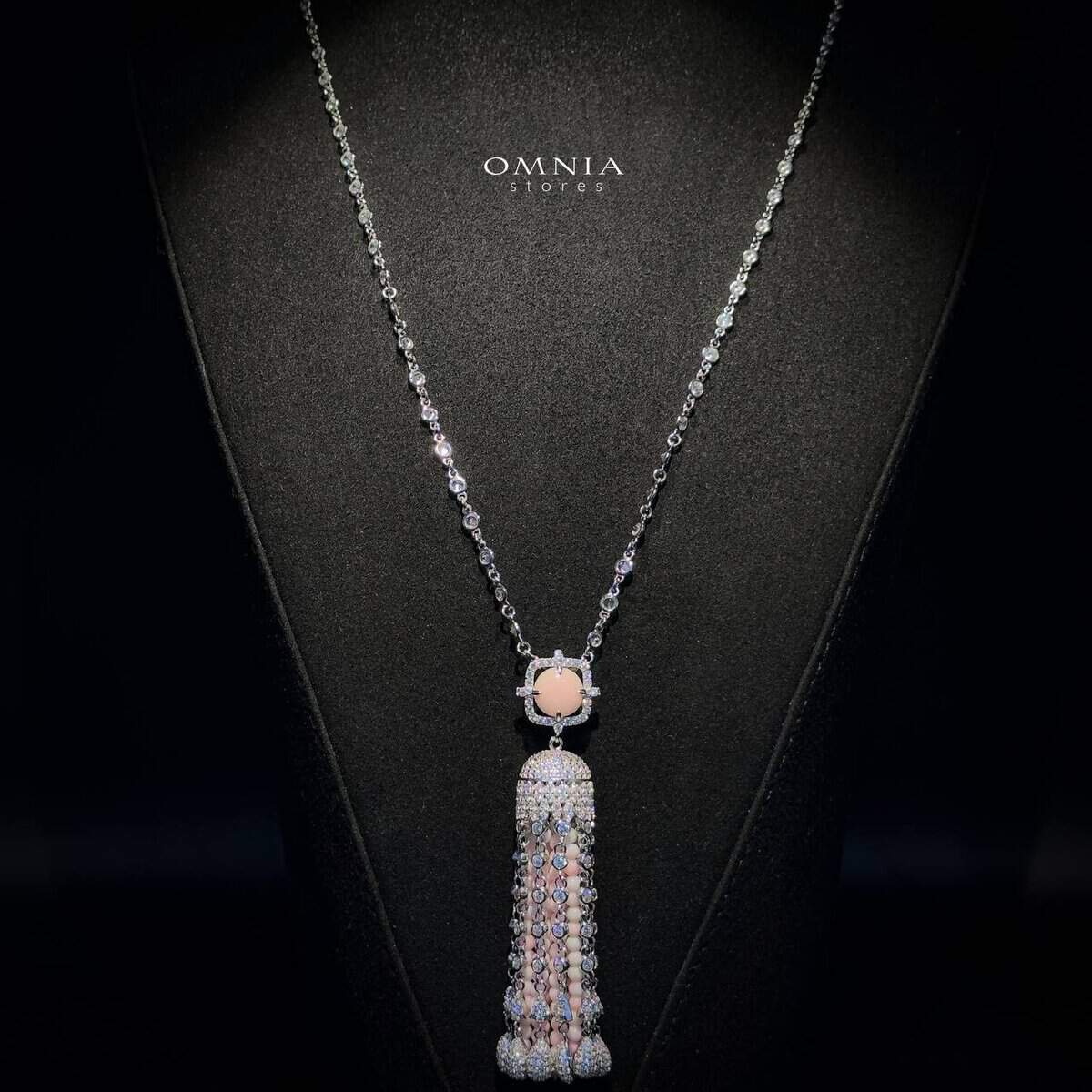 Omnia Yasmin Pink Long Chain Tassel Necklace &amp; Earrings in 92.5 Silver with High Quality Simulated Diamonds