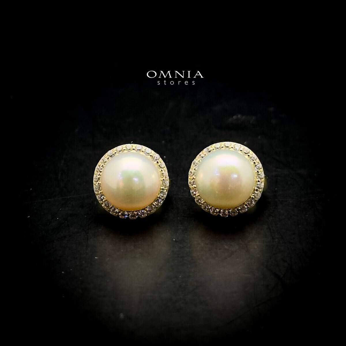 Omnia Dalal Gold Pearl Clip-On Earrings with Iced Cut Stones in High Quality 92.5 Silver - OMNIASTORES UAE