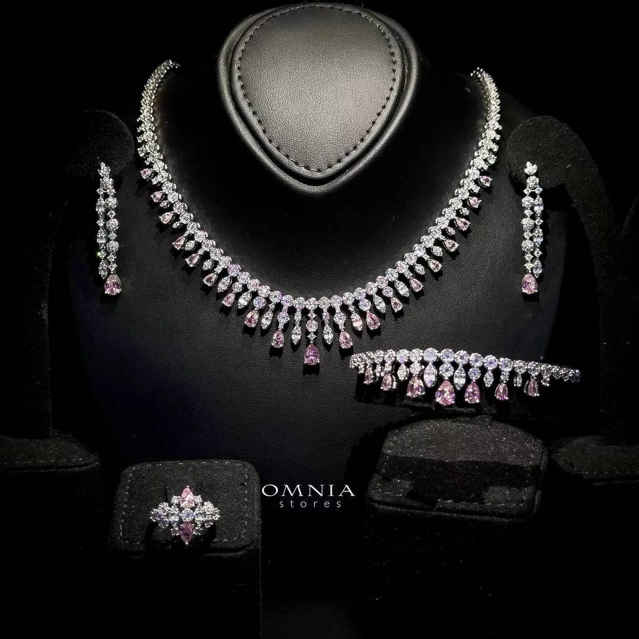 Omnia Syla Pink Collar Type Bridal Full Set with High Quality Zircon Stones in Rhodium Plated - OMNIASTORES UAE