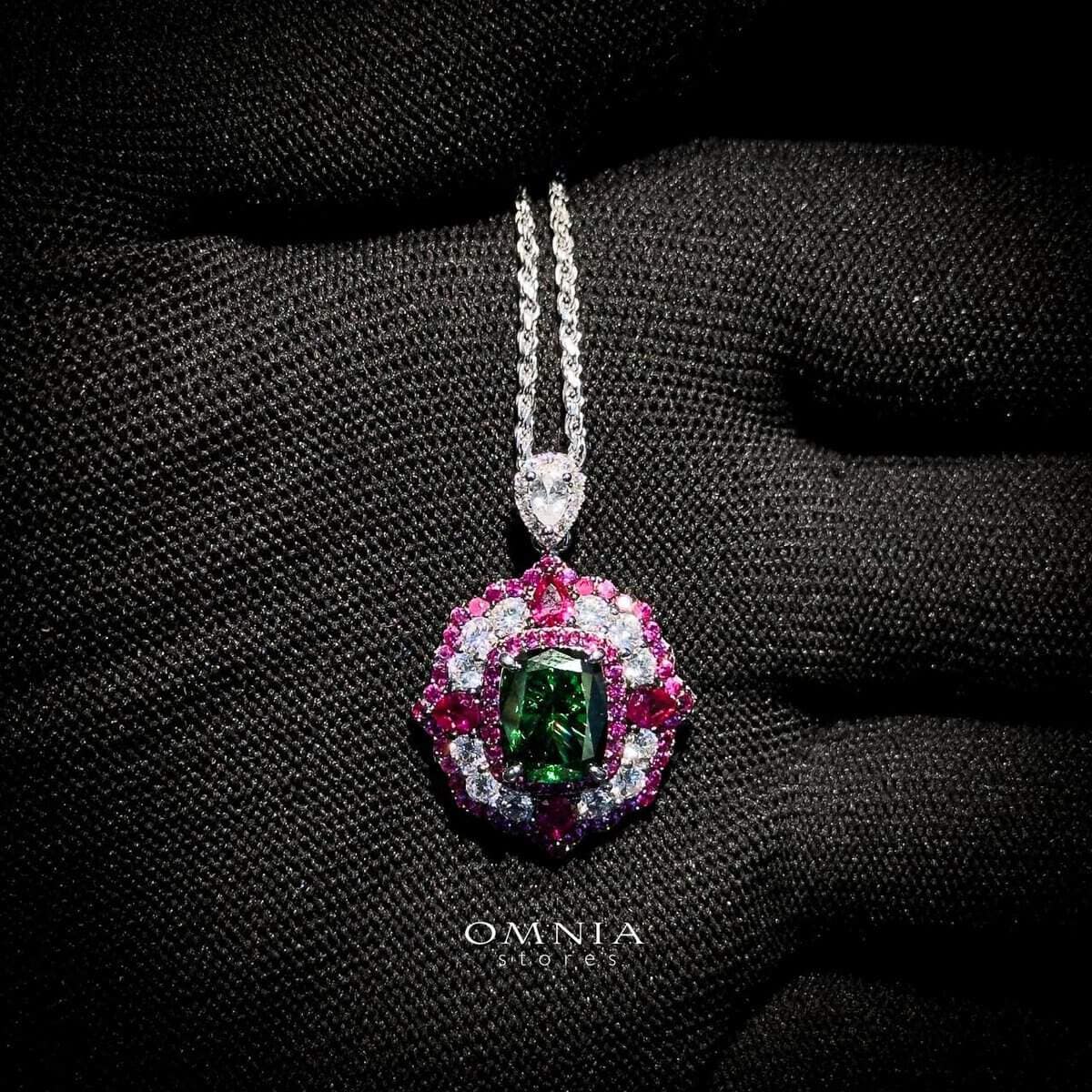Omnia Maliya Green and Pink Necklace in 92.5 Silver with High Quality Simulated Diamonds - OMNIASTORES UAE
