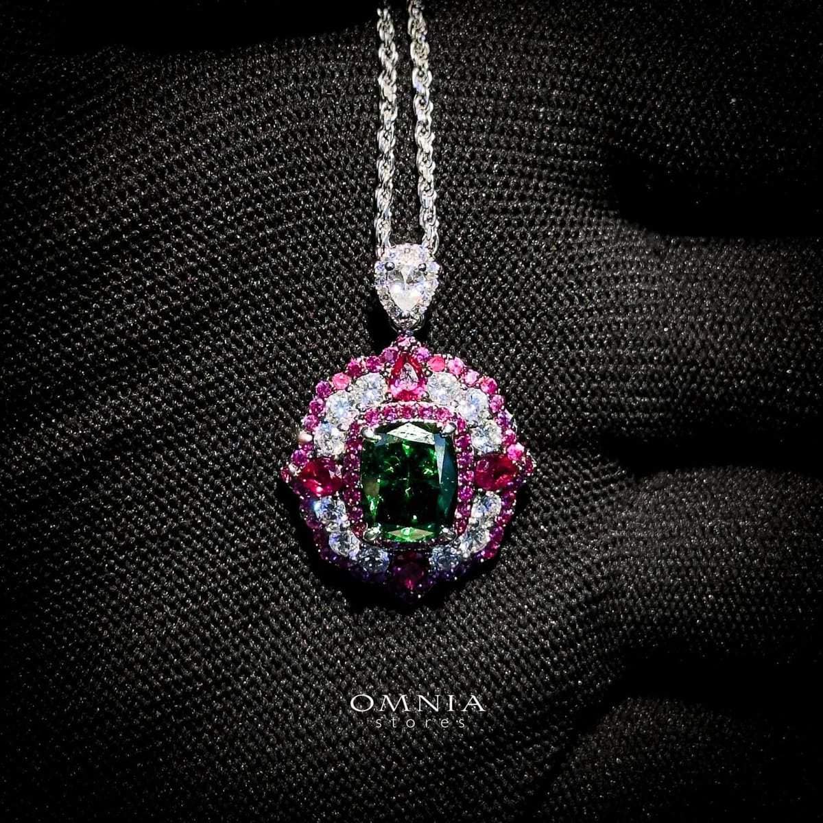 Omnia Maliya Green and Pink Necklace in 92.5 Silver with High Quality Simulated Diamonds - OMNIASTORES UAE