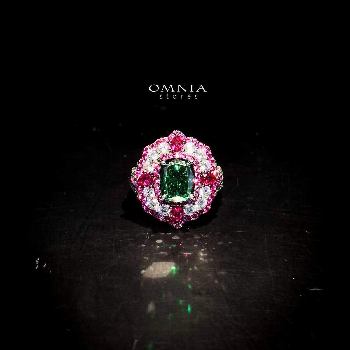 Omnia Maliya Green and Pink Ring in 92.5 Silver with High Quality Simulated Diamonds - OMNIASTORES UAE