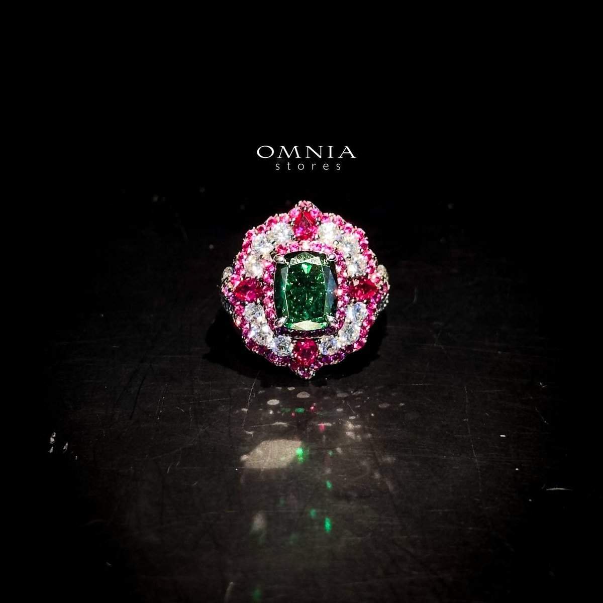 Omnia Maliya Green and Pink Ring in 92.5 Silver with High Quality Simulated Diamonds - OMNIASTORES UAE