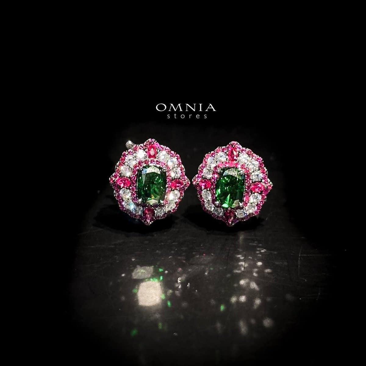 Omnia Maliya Green and Pink Earrings in 92.5 Silver with High Quality Simulated Diamonds - OMNIASTORES UAE