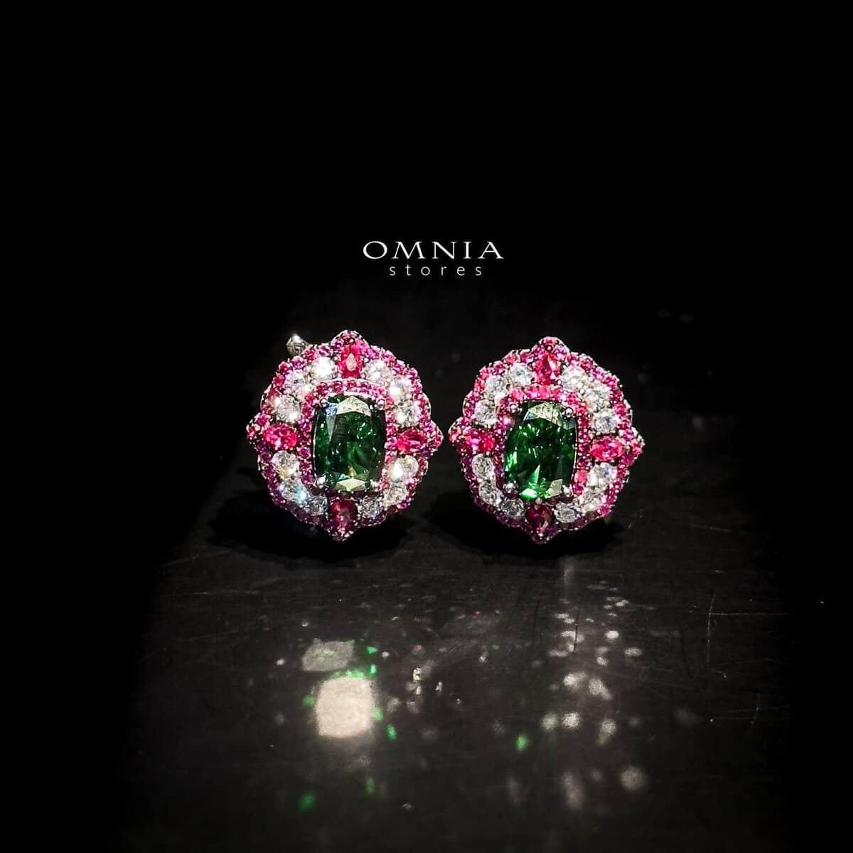 Omnia Maliya Green and Pink Earrings in 92.5 Silver with High Quality Simulated Diamonds - OMNIASTORES UAE