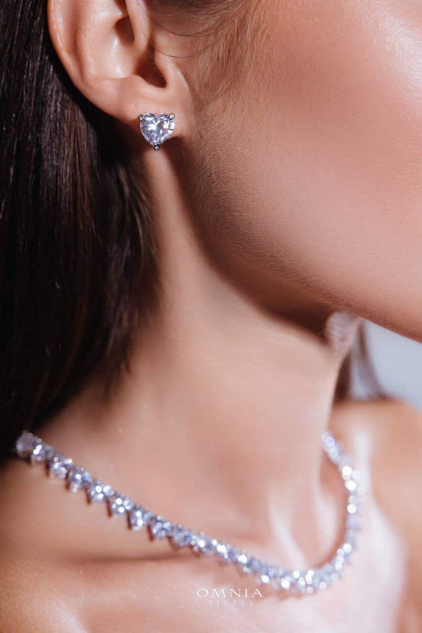 Omnia Shaden Heart-Shaped Stud Earrings in 92.5 Silver with High Quality Iced Cut Stones - OMNIASTORES UAE
