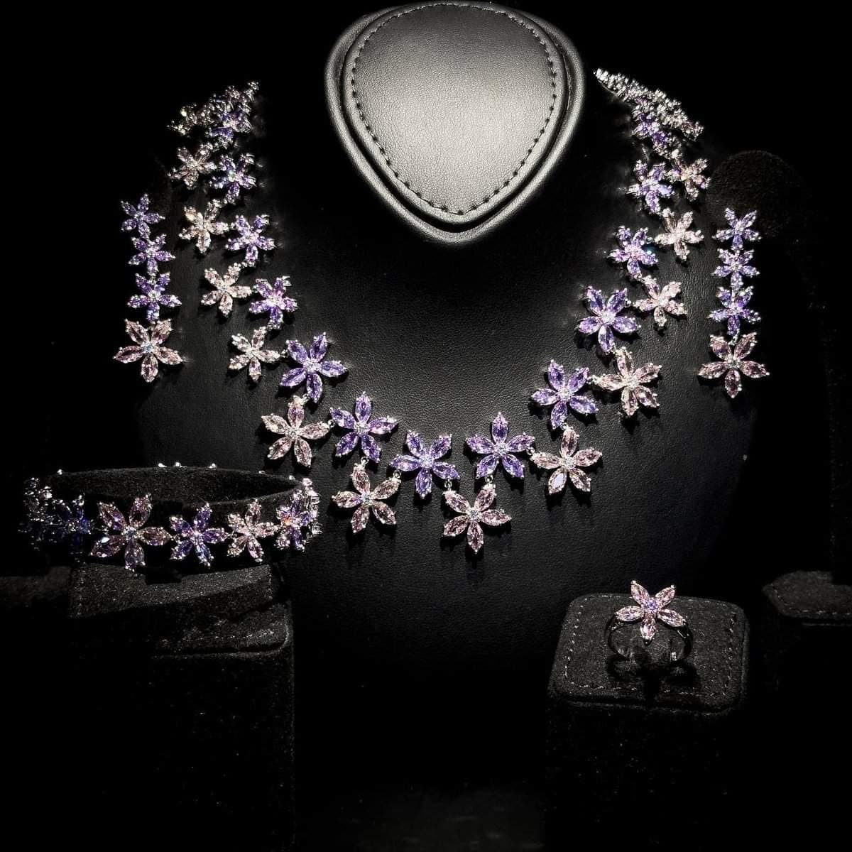 Omnia Yusra Pink and Purple Bridal Full Set in High Quality Simulated Diamonds - OMNIASTORES UAE