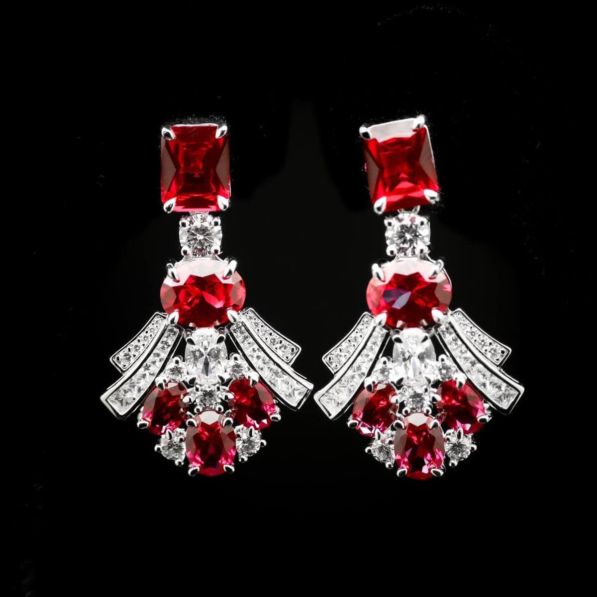Omnia Karina Red Mixed-Cut Drop Earrings in 92.5 Silver with High Quality Simulated Diamonds - OMNIASTORES UAE