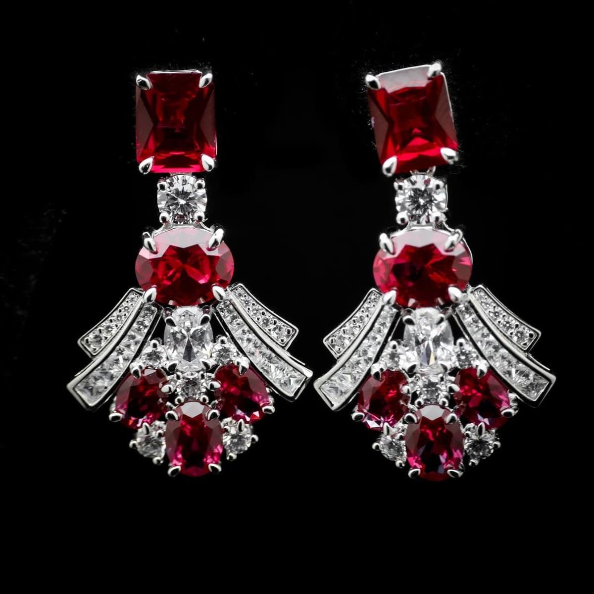 Omnia Karina Red Mixed-Cut Drop Earrings in 92.5 Silver with High Quality Simulated Diamonds - OMNIASTORES UAE