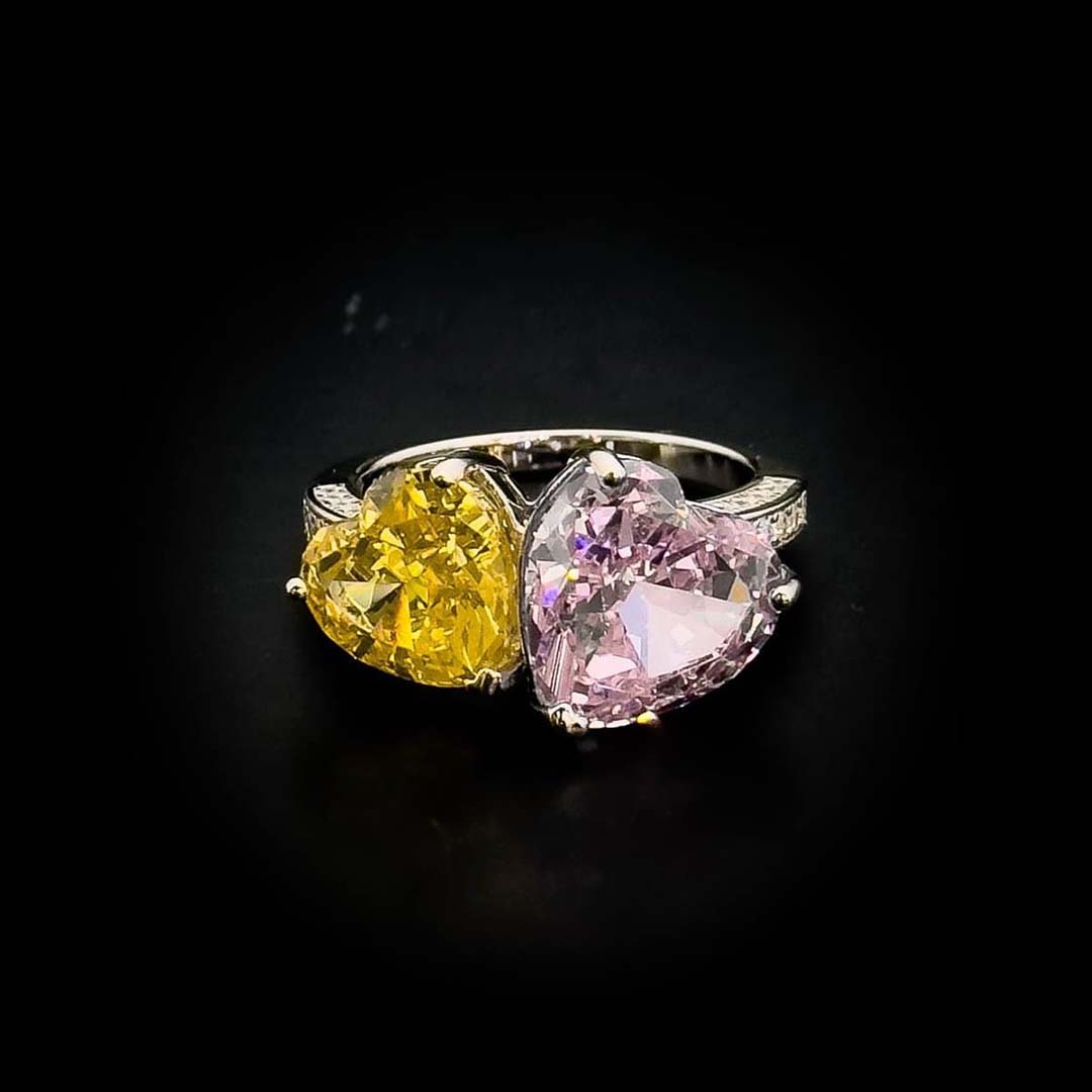 Omnia Dual Heart Ring in 92.5 Silver with High-Quality Yellow and Pink Simulated Diamonds