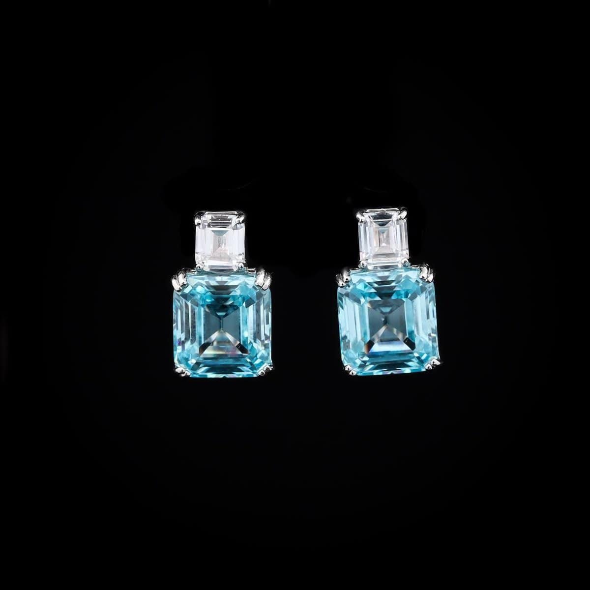 Omnia Candice Sky blue Emerald Cut Clip-On Earrings in 92.5 Silver with High Quality Simulated Diamonds - OMNIASTORES UAE
