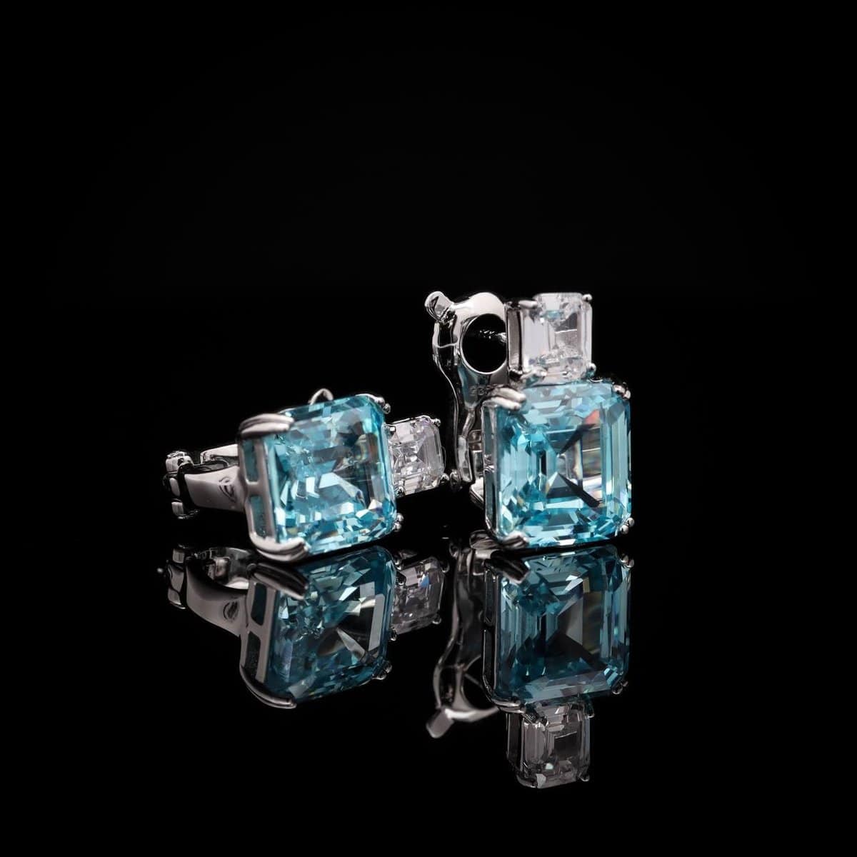 Omnia Candice Sky blue Emerald Cut Clip-On Earrings in 92.5 Silver with High Quality Simulated Diamonds - OMNIASTORES UAE