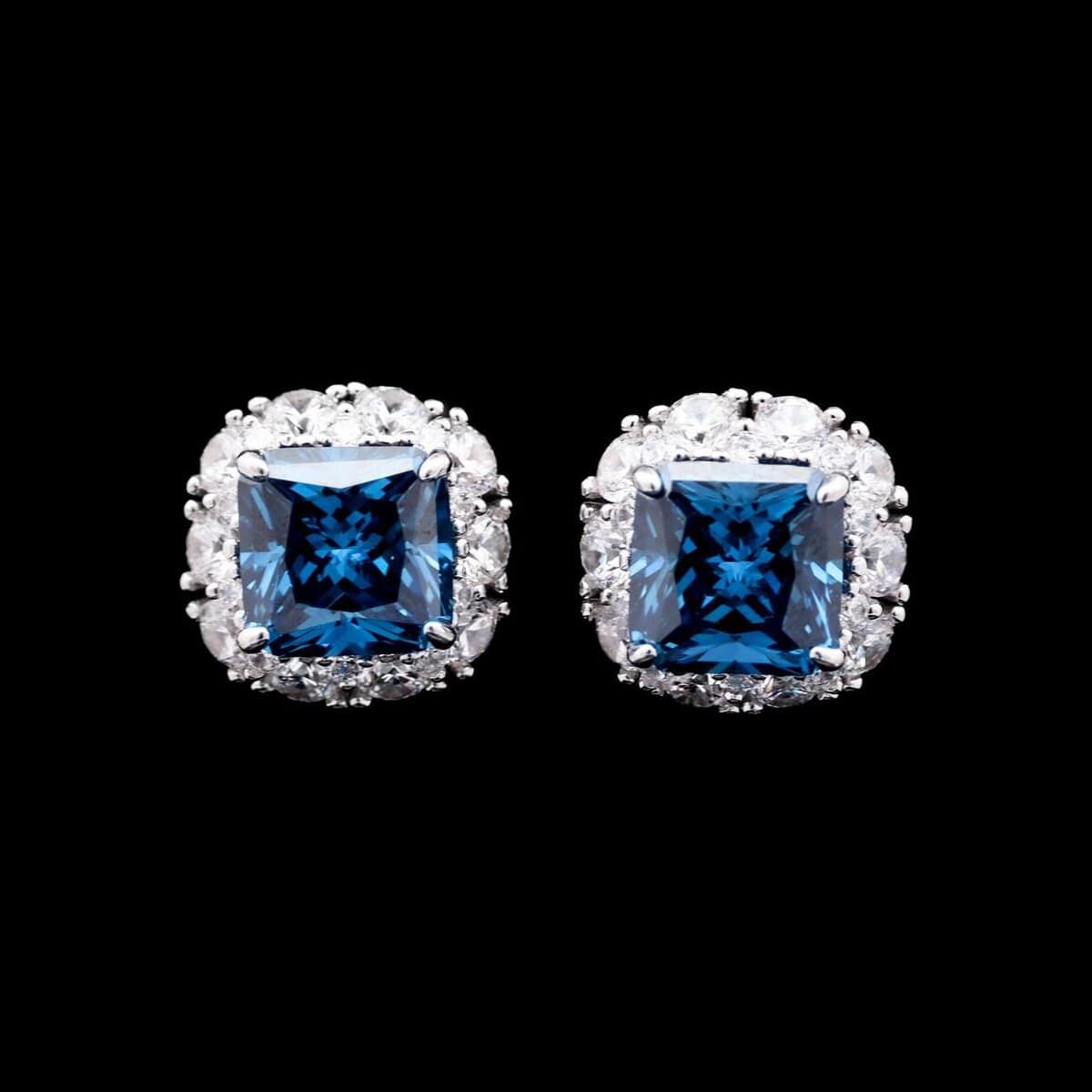 Omnia Jovie Royal Blue Princess Cut Stud Earrings in 92.5 Silver with High-Quality Simulated Diamonds - OMNIASTORES UAE