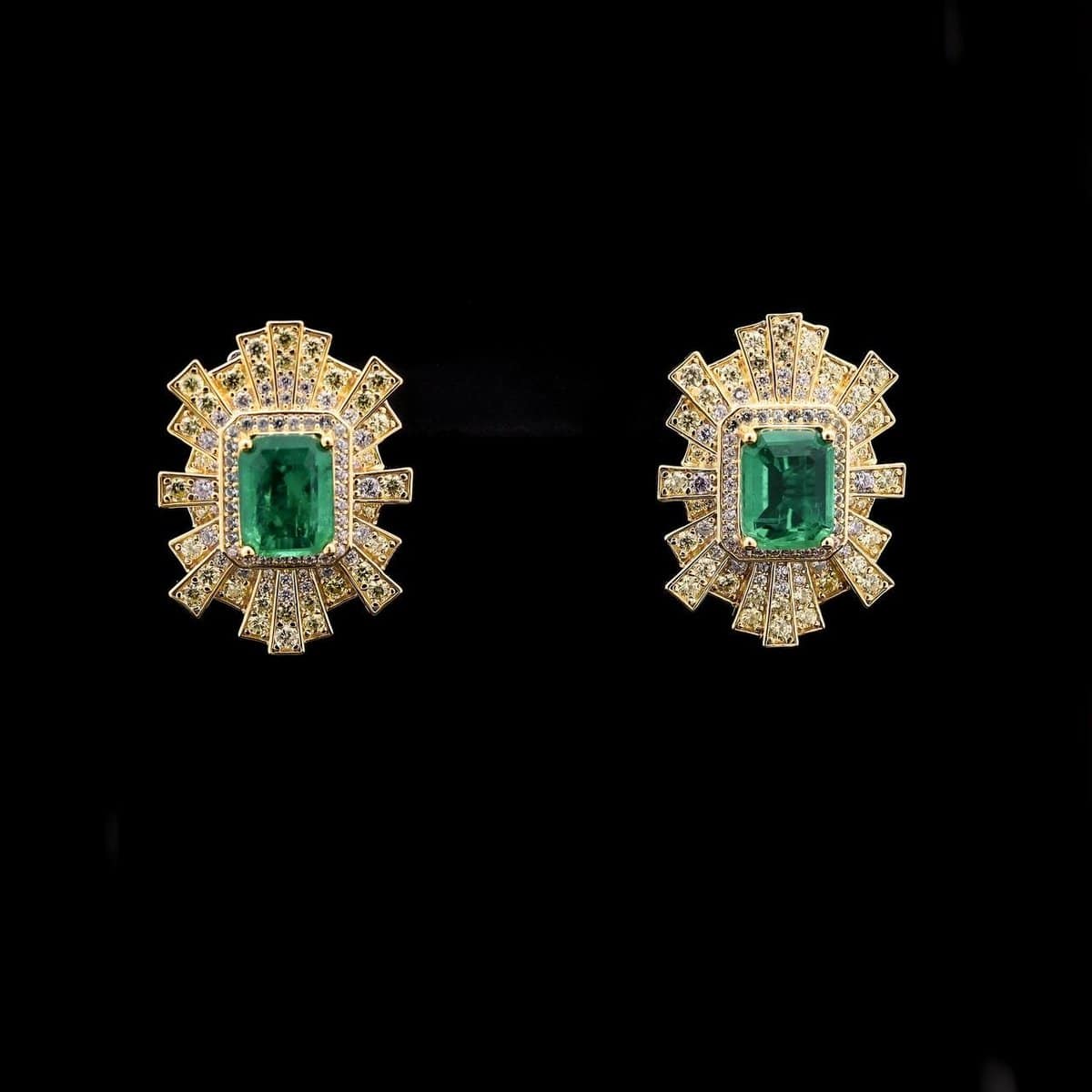 Omnia Nadine Emerald Green Emerald Cut Sunburst Earrings in 92.5 Silver with High-Quality Simulated Diamonds - OMNIASTORES UAE