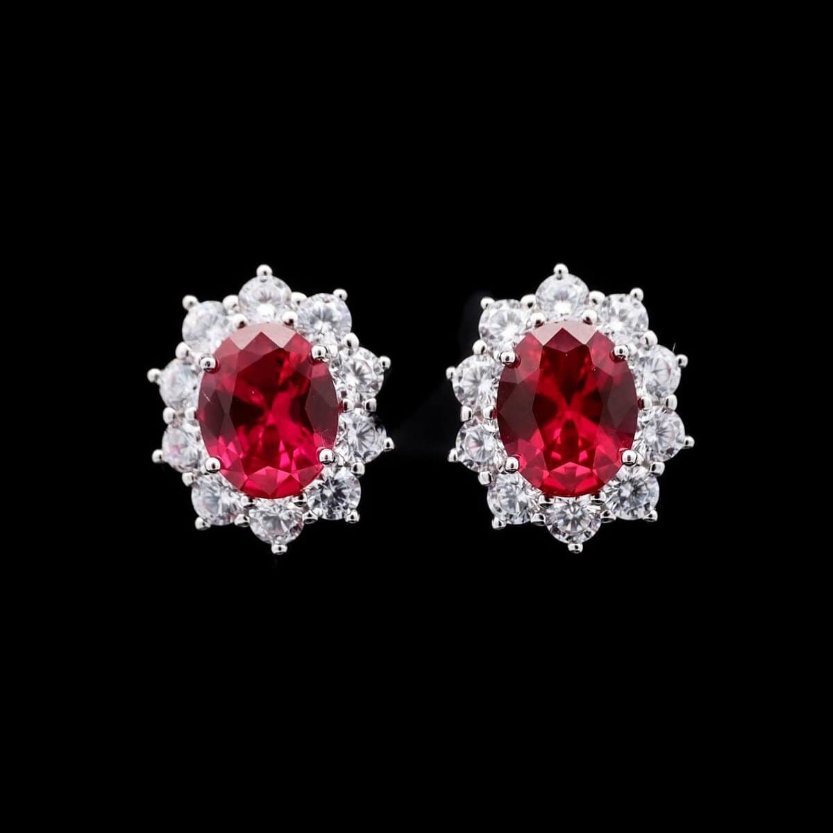 Omnia Elara Ruby Red Oval Stud Earrings in 92.5 Silver with High-Quality Simulated Diamonds - OMNIASTORES UAE