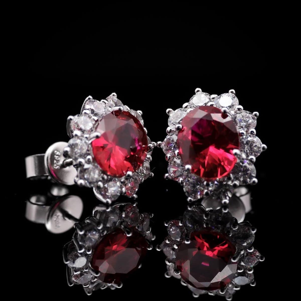 Omnia Elara Ruby Red Oval Stud Earrings in 92.5 Silver with High-Quality Simulated Diamonds - OMNIASTORES UAE