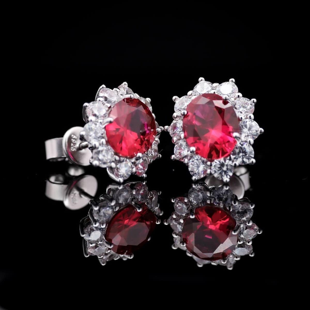 Omnia Elara Ruby Red Oval Stud Earrings in 92.5 Silver with High-Quality Simulated Diamonds - OMNIASTORES UAE