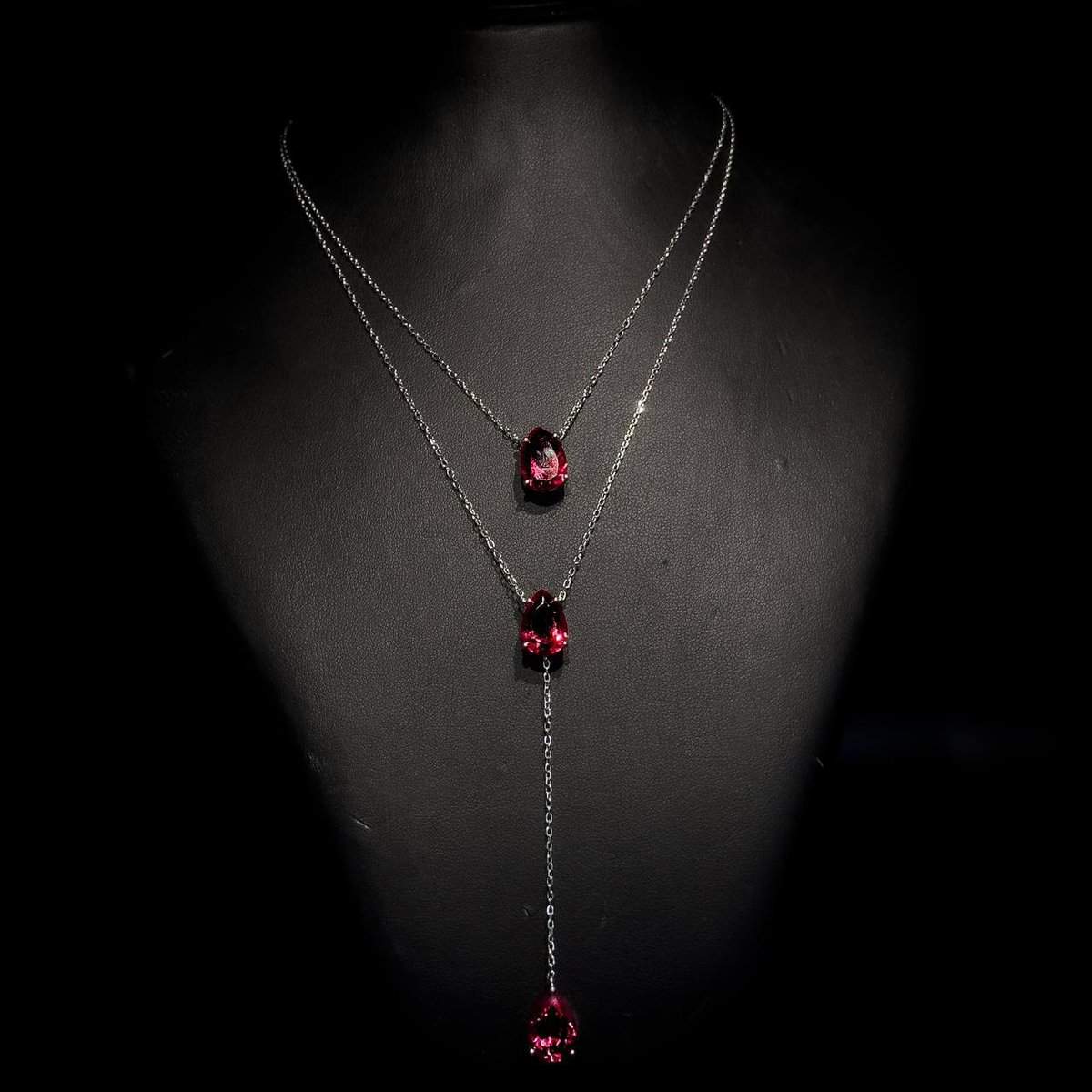 Omnia Scarlett Ruby Red Teardrop Layered Necklace in 92.5 Silver with High-Quality Simulated Diamonds - OMNIASTORES UAE