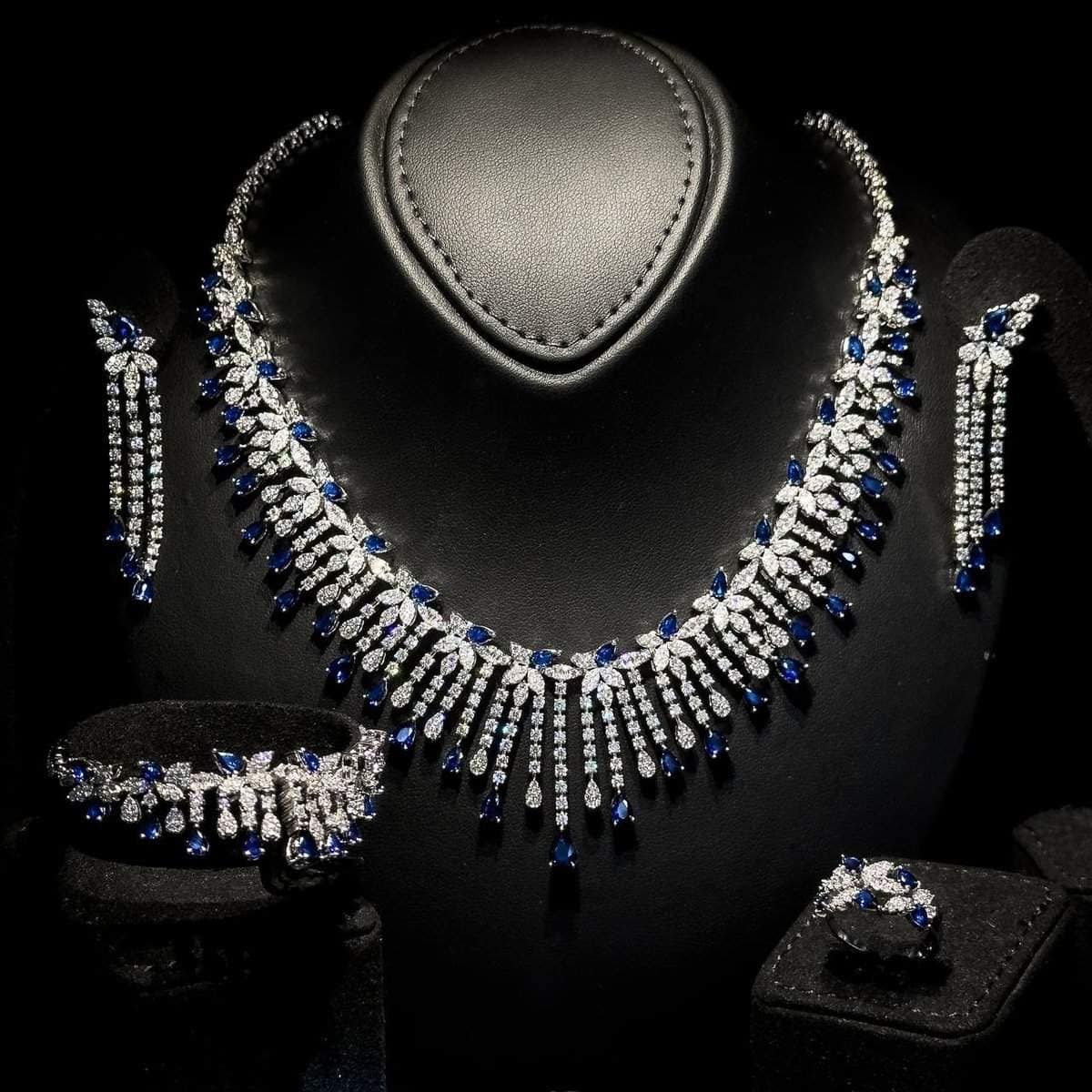 Omnia Kawthar Blue Bridal Full Set in High Quality Zircon Stone Rhodium Plated - OMNIASTORES UAE