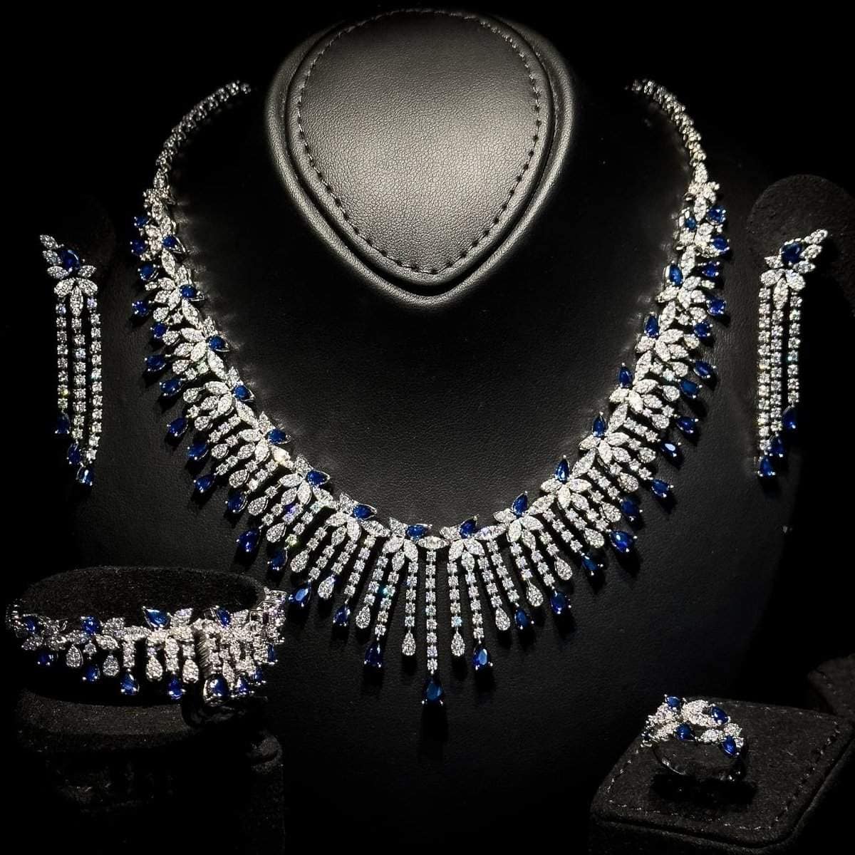 Omnia Kawthar Blue Bridal Full Set in High Quality Zircon Stone Rhodium Plated - OMNIASTORES UAE