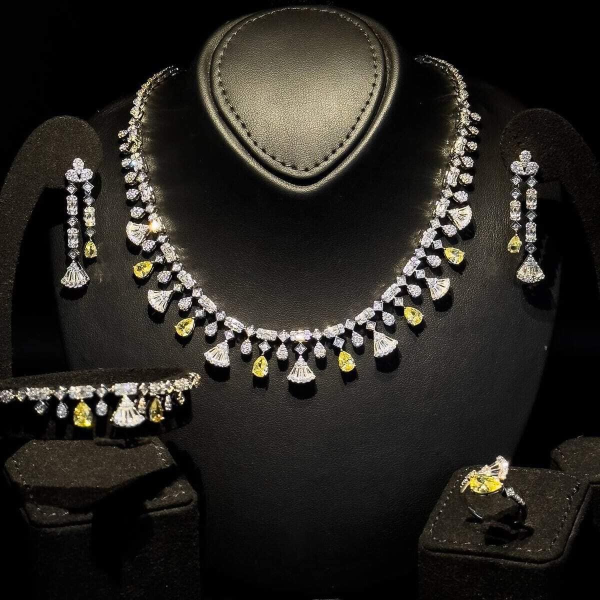 Omnia Marwa Yellow Bridal Full Set in High Quality Zircon Stone Rhodium Plated - OMNIASTORES UAE
