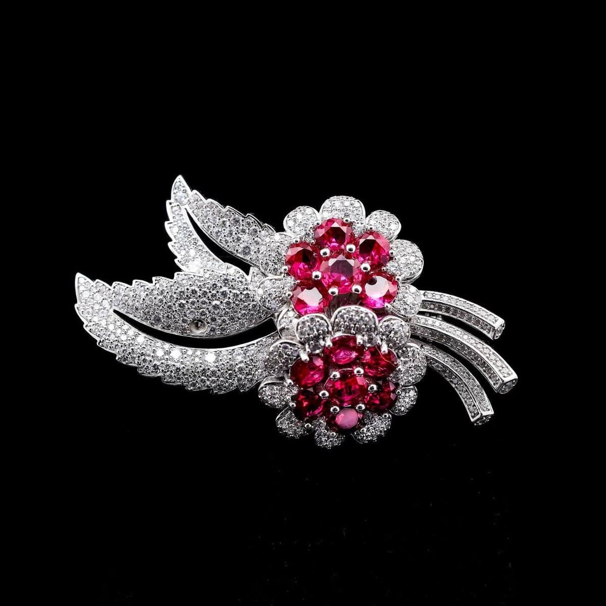 Omnia Ruby Floral Brooch in 92.5 Silver with High Quality Simulated Diamonds - OMNIASTORES UAE